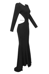 LONG SLEEVE CUT OUT BACKLESS MERMAID MAXI DRESS IN BLACK styleofcb