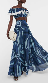 MARMO-PRINT RUFFLE TWO PIECE SET IN BLUE DRESS STYLE OF CB