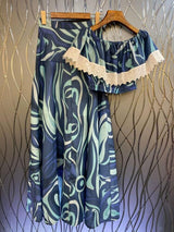 MARMO-PRINT RUFFLE TWO PIECE SET IN BLUE DRESS STYLE OF CB