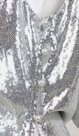 MBELLISHED V-NECK COLUMN GOWN IN SILVER DRESS sis label