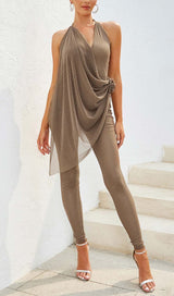 MESH PLUNGE JUMPSUIT IN BROWN DRESS STYLE OF CB
