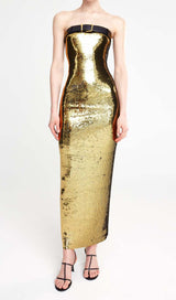 METALLIC STRAPLESS MIDI DRESS IN CHAMPAGNE styleofcb