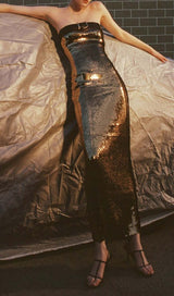 METALLIC STRAPLESS MIDI DRESS IN CHAMPAGNE styleofcb