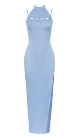 MOCK NECK SLIT MIDI DRESS IN BLUE DRESS STYLE OF CB