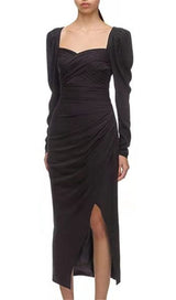 LONG SLEEVE SQUARE COLLAR MIDI DRESS styleofcb BLACK S