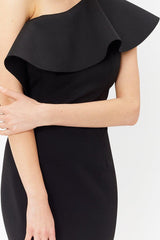 CROSS-SHOULDER RUFFLED FISHTAIL DRESS IN BLACK styleofcb