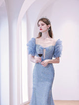 SEQUIN PUFF SLEEVE MAXI DRESS IN BLUE Dresses styleofcb