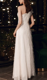 PLAIN CLOTH FEATHER ONE SHOULDER MAXI DRESS IN WHITE styleofcb