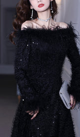 SEQUIN SEXY OFF SHOULDER FEATHER LONG SLEECES GOWN IN BLACK styleofcb