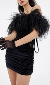 VELVET OFF-SHOULDER FEATHER MINI DRESS IN BLACK styleofcb