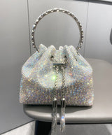 CRYSTAL EMBELLISHED BUCKET BAG IN SILVER Bags styleofcb