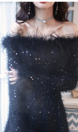 SEQUIN SEXY OFF SHOULDER FEATHER LONG SLEECES GOWN IN BLACK styleofcb