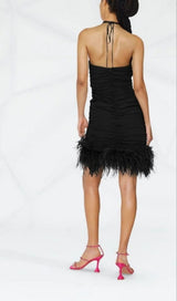 SEXY STRETCH OFF-SHOULDER FEATHER MINI DRESS IN BLACK styleofcb