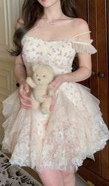 OFF -SHOULDER FLOWER MINI DRESS IN PINK DRESS STYLE OF CB