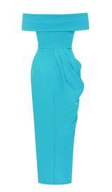 OFF SHOULDER HEM SLIT MIDI DRESS IN AZURE DRESS sis label