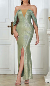 OFF-SHOULDER RIBBON MAXI DRESS IN GREEN DRESS STYLE OF CB