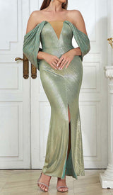 OFF-SHOULDER RIBBON MAXI DRESS IN GREEN DRESS STYLE OF CB