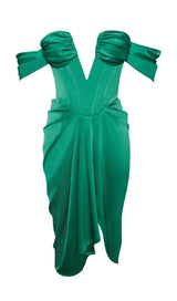 OFF SHOULDER SATIN CORSET MIDI DRESS IN GREEN Dresses styleofcb