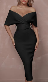OFF SHOULDER V NECK BODYCON MIDI DRESS IN BLACK Dresses styleofcb