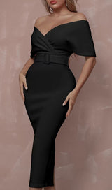 OFF SHOULDER V NECK BODYCON MIDI DRESS IN BLACK Dresses styleofcb