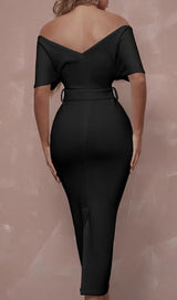 OFF SHOULDER V NECK BODYCON MIDI DRESS IN BLACK Dresses styleofcb