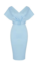 OFF SHOULDER V NECK BODYCON MIDI DRESS IN BLUE Dresses styleofcb XS BLUE
