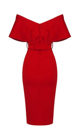 OFF SHOULDER V NECK BODYCON MIDI DRESS IN RED Dresses styleofcb