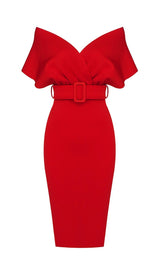 OFF SHOULDER V NECK BODYCON MIDI DRESS IN RED Dresses styleofcb XS RED