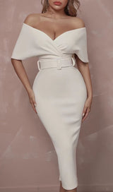 OFF SHOULDER V NECK BODYCON MIDI DRESS IN WHITE Dresses styleofcb