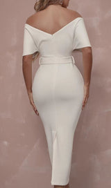 OFF SHOULDER V NECK BODYCON MIDI DRESS IN WHITE Dresses styleofcb