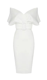 OFF SHOULDER V NECK BODYCON MIDI DRESS IN WHITE Dresses styleofcb XS WHITE