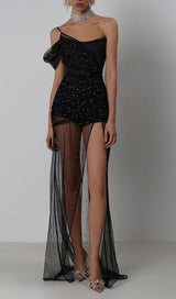 ONE-SHOULDER RHINESTONE MESH MAXI DRESS IN BLACK DRESS STYLE OF CB