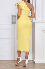 ONE SHOULDER RUFFLE MIDI DRESS IN YELLOW styleofcb