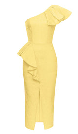 ONE SHOULDER RUFFLE MIDI DRESS IN YELLOW styleofcb