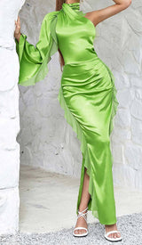 ONE-SHOULDER SATIN RUFFLE MAXI DRESS IN NEON GREEN DRESS STYLE OF CB
