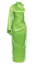 ONE-SHOULDER SATIN RUFFLE MAXI DRESS IN NEON GREEN DRESS STYLE OF CB