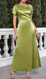 ONE SHOULDER SATIN SLIT MAXI DRESS IN GREEN DRESS STYLE OF CB