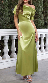 ONE SHOULDER SATIN SLIT MAXI DRESS IN GREEN DRESS STYLE OF CB