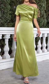 ONE SHOULDER SATIN SLIT MAXI DRESS IN GREEN DRESS STYLE OF CB