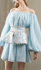 PEARL TRIM LONG SLEEVE MINI DRESS IN BLUE DRESS sis label