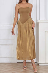 PLEATED STRAP MIDI DRESS IN TOBACCO DRESS STYLE OF CB