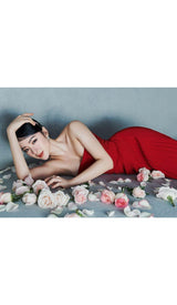 PLEATED STRAPLESS MIDI DRESS IN WINE RED DRESS styleofcb