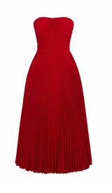 PLEATED STRAPLESS MIDI DRESS IN WINE RED DRESS styleofcb