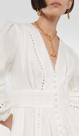 PLUNGING NECK LACE MINI DRESS IN WHITE DRESS STYLE OF CB