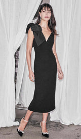 PLUNGING NECKLINE BOW MIDI DRESS IN BLACK DRESS sis label