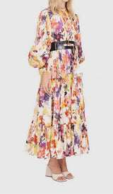 POISE PRINT SILK MIDI DRESS IN MULTI-COLOR DRESS STYLE OF CB
