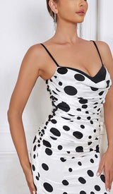 POLKA DOT PRINT RUCHED MERMAID MAXI DRESS DRESS styleofcbdress
