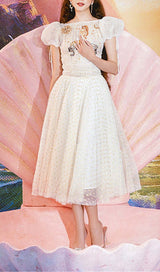 PUFF SLEEVE HIGH WAIST EMBROIDERY MIDI DRESS IN WHITE DRESS sis label