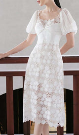 PUFF SLEEVE LACE MIDI DRESS IN WHITE DRESS STYLE OF CB