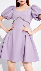 PUFF SLEEVES WAIST-TIGHTENING MINI DRESS IN LILAC DRESS styleofcb